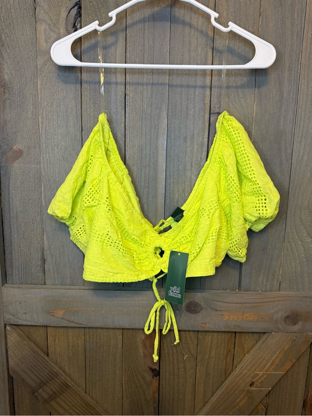 Neon Green Cropped Lace Tie-Front Top